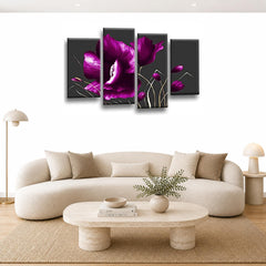 LR Floral Rose Purple Flower Wall Art Picture Framed 4 Panel Split Canvas Print | Ready to Hang | Modern Wall Art for Living Room, Bedroom & Office