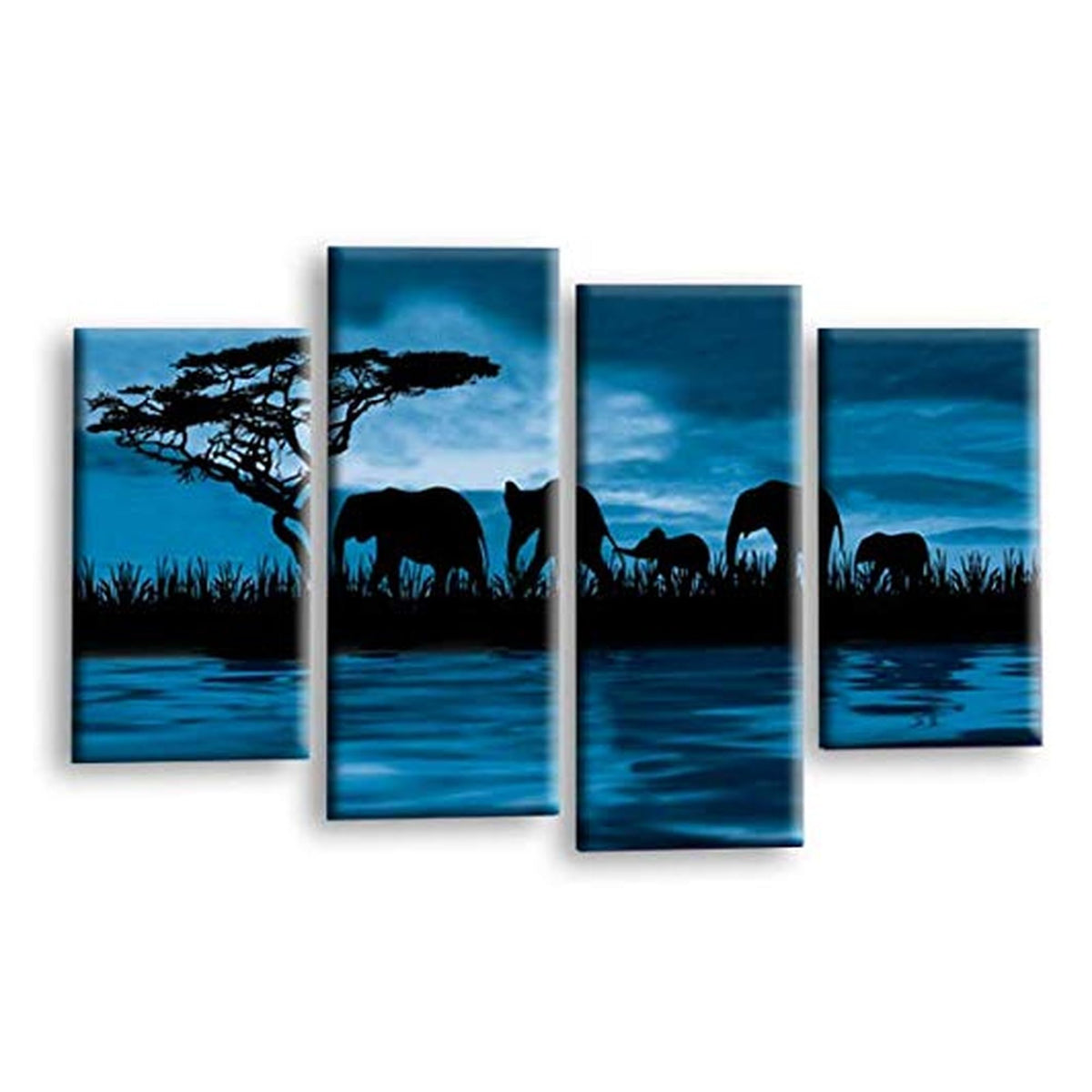LR Elephant Sunset Wall Art Picture – Grey, Blue & Brown African Framed 4 Panel Split Canvas Print | Ready to Hang | Modern Wall Art for Living Room, Bedroom & Office