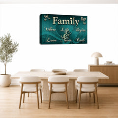 LR Family Love Quote Wall Art Picture – Teal & Cream Framed Canvas Print | Ready to Hang | Modern Wall Art for Living Room, Bedroom & Office