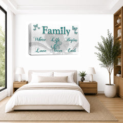 LR Family Love Quote Wall Art Picture – Teal & White Framed Canvas Print | Ready to Hang | Modern Wall Art for Living Room, Bedroom & Office