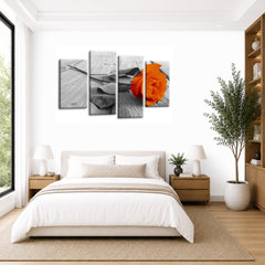 LR Rose Floral Wall Art Picture – Grey & Orange Framed 4 Panel Split Canvas Print | Ready to Hang | Modern Wall Art for Living Room, Bedroom & Office