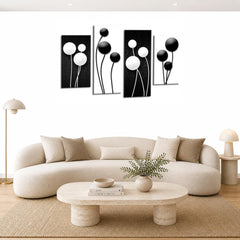 LR Floral Rose Wall Art Picture – Black & White Framed 4 Panel Split Canvas Print | Ready to Hang | Modern Wall Art for Living Room, Bedroom & Office