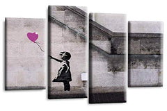 LR Banksy Heart Wall Art Picture – Purple & Grey Graffiti Art Framed 4 Panel Split Canvas Print | Ready to Hang | Modern Wall Art for Living Room, Bedroom & Office