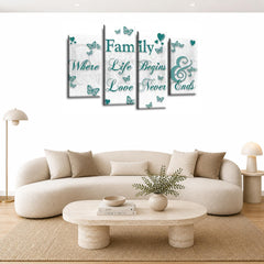 LR Family Love Quote Wall Art Picture – Teal & White Framed 4 Panel Split Canvas Print | Ready to Hang | Modern Wall Art for Living Room, Bedroom & Office
