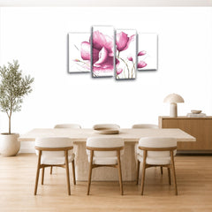 LR Floral Pink Rose Wall Art Picture – White Framed 4 Panel Split Canvas Print | Ready to Hang | Modern Wall Art for Living Room, Bedroom & Office