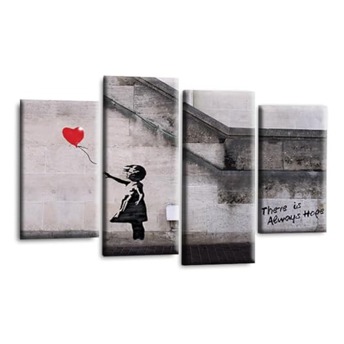 LR Banksy Heart Wall Art Picture – Grey & Red Graffiti Art Framed 4 Panel Split Canvas Print | Ready to Hang | Modern Wall Art for Living Room, Bedroom & Office