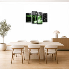 LR Waterfall Green Wall Art Picture – Grey & Forest Framed 4 Panel Split Canvas Print | Ready to Hang | Modern Wall Art for Living Room, Bedroom & Office