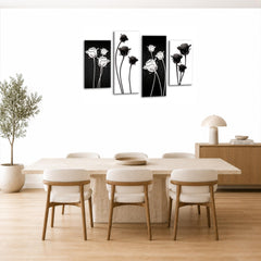 LR Floral Rose Wall Art Picture – Grey, Black & White Framed 4 Panel Split Canvas Print | Ready to Hang | Modern Wall Art for Living Room, Bedroom & Office