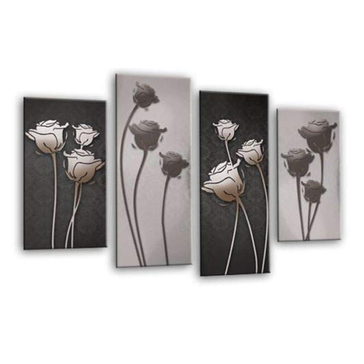 LR Floral Wall Art Picture – Grey Framed 4 Panel Split Canvas Print | Ready to Hang | Modern Wall Art for Living Room, Bedroom & Office