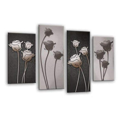LR Floral Wall Art Picture – Grey Framed 4 Panel Split Canvas Print | Ready to Hang | Modern Wall Art for Living Room, Bedroom & Office