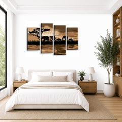LR Elephants Sunset Wall Art Picture – Cream & Brown African Elephant Framed 4 Panel Split Canvas Print | Ready to Hang | Modern Wall Art for Living Room, Bedroom & Office