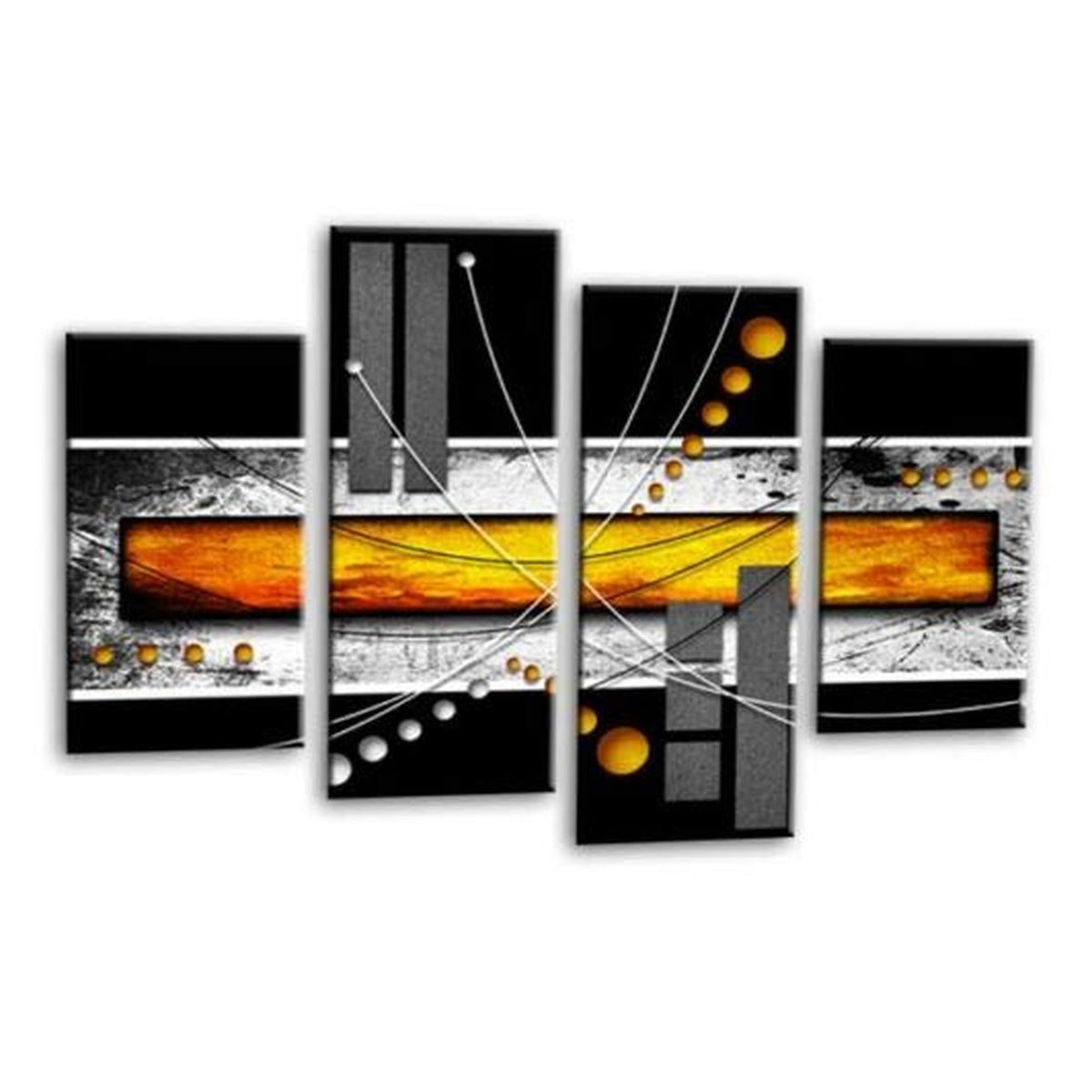 LR Black White Abstract Wall Art Picture – Orange & Modern Framed 4 Panel Split Canvas Print | Ready to Hang | Modern Wall Art for Living Room, Bedroom & Office