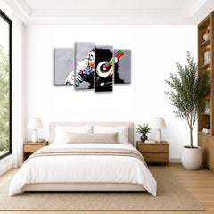 LR DJ Monkey Banksy Wall Art Picture – Graffiti Art Framed 4 Panel Split Canvas Print | Ready to Hang | Modern Wall Art for Living Room, Bedroom & Office