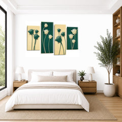 LR Floral Rose Wall Art Picture – Green & Cream Framed 4 Panel Split Canvas Print | Ready to Hang | Modern Wall Art for Living Room, Bedroom & Office