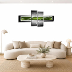LR Abstract Wall Art Picture – Green, Black & White Modern Framed 4 Panel Split Canvas Print | Ready to Hang | Modern Wall Art for Living Room, Bedroom & Office
