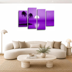 LR Sunset Beach Wall Art Picture – Purple Seascape Framed 4 Panel Split Canvas Print | Ready to Hang | Modern Wall Art for Living Room, Bedroom & Office