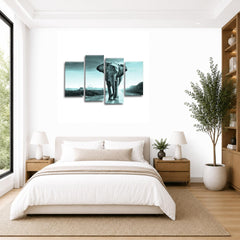 LR Elephant Sunset Wall Art Picture – Grey & Duck Egg African Framed 4 Panel Split Canvas Print | Ready to Hang | Modern Wall Art for Living Room, Bedroom & Office