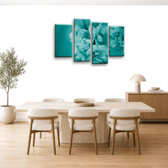 LR Floral Rose Wall Art Picture – Teal & Cream Framed 4 Panel Split Canvas Print | Ready to Hang | Modern Wall Art for Living Room, Bedroom & Office