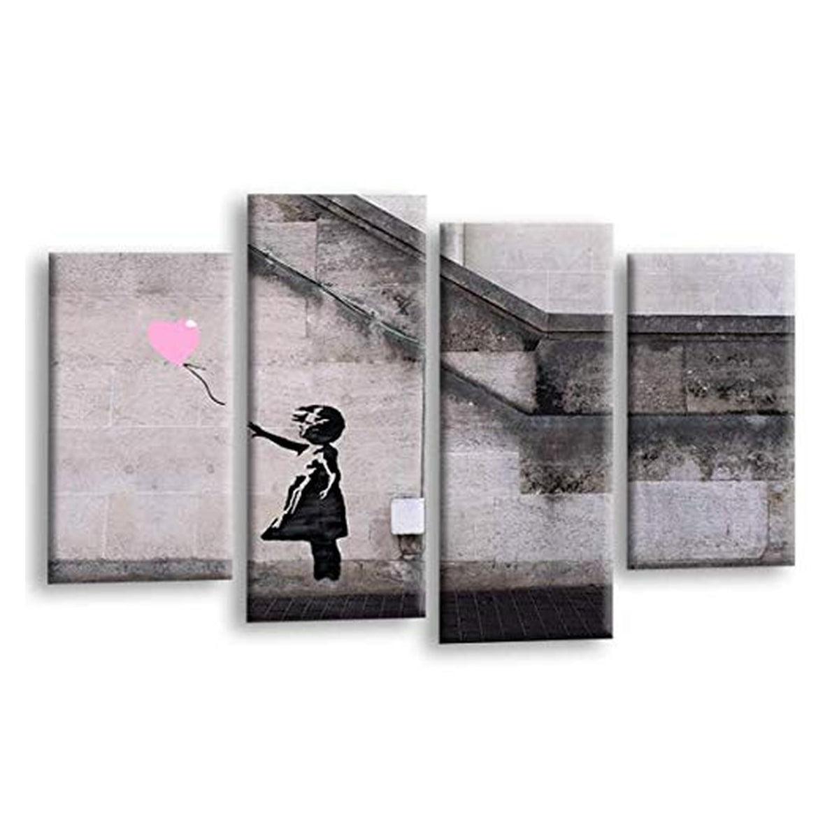 LR Banksy Heart Wall Art Picture – Grey & Pink Graffiti Art Framed 4 Panel Split Canvas Print | Ready to Hang | Modern Wall Art for Living Room, Bedroom & Office
