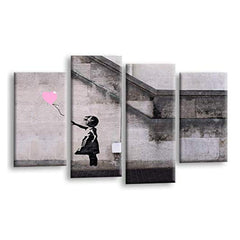 LR Banksy Heart Wall Art Picture – Grey & Pink Graffiti Art Framed 4 Panel Split Canvas Print | Ready to Hang | Modern Wall Art for Living Room, Bedroom & Office