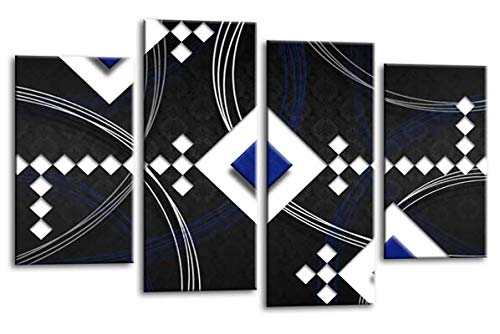 LR Abstract Wall Art Print Blue Black White Stripes Checks Framed Split Panel Picture Ready to Hang