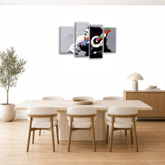 LR DJ Monkey Banksy Wall Art Picture – Graffiti Art Framed 4 Panel Split Canvas Print | Ready to Hang | Modern Wall Art for Living Room, Bedroom & Office