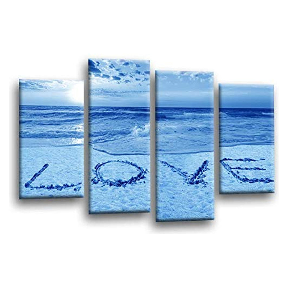 LR Love Beach Wall Art Picture – Grey & Blue Sunset Seascape Framed 4 Panel Split Canvas Print | Ready to Hang | Modern Wall Art for Living Room, Bedroom & Office