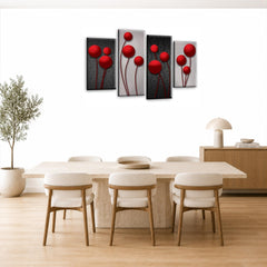 LR Red Floral Rose Wall Art Picture – Grey Framed 4 Panel Split Canvas Print | Ready to Hang | Modern Wall Art for Living Room, Bedroom & Office