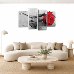 LR Red Rose Floral Wall Art Picture Framed 4 Panel Split Canvas Print | Ready to Hang | Modern Wall Art for Living Room, Bedroom & Office