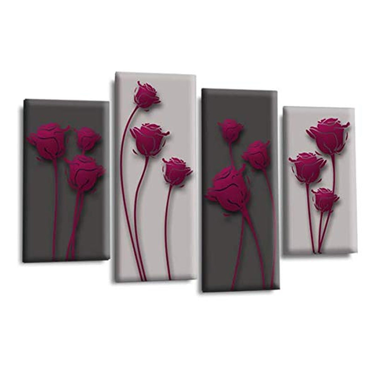 LR Purple Floral Rose Wall Art Picture – Grey Framed 4 Panel Split Canvas Print | Ready to Hang | Modern Wall Art for Living Room, Bedroom & Office