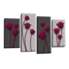 LR Purple Floral Rose Wall Art Picture – Grey Framed 4 Panel Split Canvas Print | Ready to Hang | Modern Wall Art for Living Room, Bedroom & Office