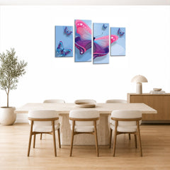 LR Butterfly Heart Wall Art Picture – Blue & Pink Floral Abstract Framed 4 Panel Split Canvas Print | Ready to Hang | Modern Wall Art for Living Room, Bedroom & Office