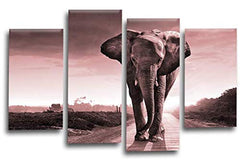 LR Elephant Sunset Wall Art Picture Pink Grey Animal Africa Framed Split Canvas Print Ready to Hang