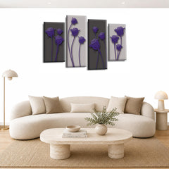 LR Purple Floral Rose Wall Art Picture – Grey Framed 4 Panel Split Canvas Print | Ready to Hang | Modern Wall Art for Living Room, Bedroom & Office