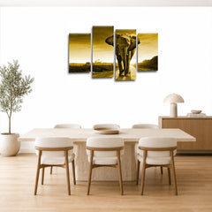 LR Elephant Sunset Wall Art Picture – Grey & Brown African Framed 4 Panel Split Canvas Print | Ready to Hang | Modern Wall Art for Living Room, Bedroom & Office