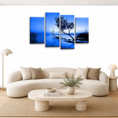 LR Sunset Landscape Wall Art Picture – Grey, Blue & Brown Floral Framed 4 Panel Split Canvas Print | Ready to Hang | Modern Wall Art for Living Room, Bedroom & Office