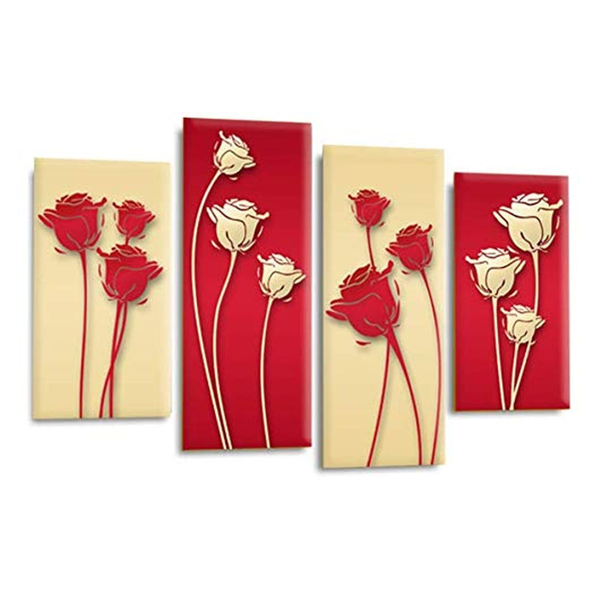 LR Floral Rose Wall Art Picture – Red & Cream Framed 4 Panel Split Canvas Print | Ready to Hang | Modern Wall Art for Living Room, Bedroom & Office