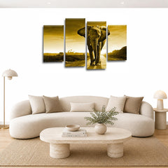 LR Elephant Sunset Wall Art Picture – Grey & Brown African Framed 4 Panel Split Canvas Print | Ready to Hang | Modern Wall Art for Living Room, Bedroom & Office