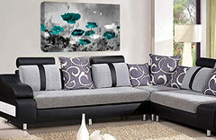 LR Grey Floral Wall Art Picture – Teal & White Poppy Framed Canvas Print | Ready to Hang | Modern Wall Art for Living Room, Bedroom & Office