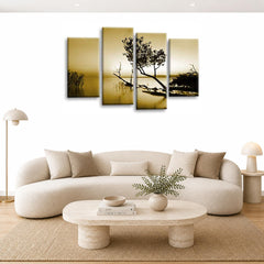 LR Sunset Landscape Lake Wall Art Picture – Cream & Brown Floral Framed 4 Panel Split Canvas Print | Ready to Hang | Modern Wall Art for Living Room, Bedroom & Office