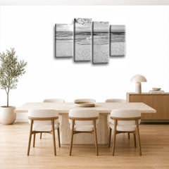 LR Sunset Beach Wall Art Picture – Grey & White Seascape Framed 4 Panel Split Canvas Print | Ready to Hang | Modern Wall Art for Living Room, Bedroom & Office