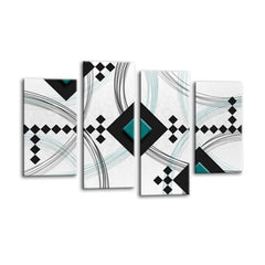 LR Teal Abstract Wall Art Picture – Black & White Modern Framed 4 Panel Split Canvas Print | Ready to Hang | Modern Wall Art for Living Room, Bedroom & Office
