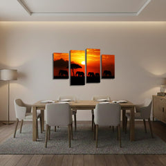 LR Elephant Sunset Wall Art Picture – Grey & Orange African Framed 4 Panel Split Canvas Print | Ready to Hang | Modern Wall Art for Living Room, Bedroom & Office