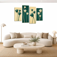 LR Floral Rose Wall Art Picture – Green & Cream Framed 4 Panel Split Canvas Print | Ready to Hang | Modern Wall Art for Living Room, Bedroom & Office