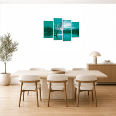 LR Landscape Lake Wall Art Picture – Teal & Brown Floral Framed 4 Panel Split Canvas Print | Ready to Hang | Modern Wall Art for Living Room, Bedroom & Office