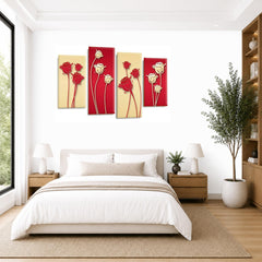 LR Floral Rose Wall Art Picture – Red & Cream Framed 4 Panel Split Canvas Print | Ready to Hang | Modern Wall Art for Living Room, Bedroom & Office