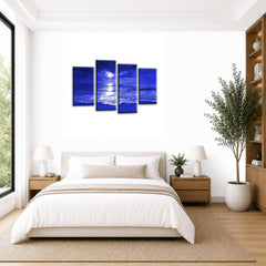 LR Sunset Beach Wall Art Picture – Blue & Cream Seascape Framed 4 Panel Split Canvas Print | Ready to Hang | Modern Wall Art for Living Room, Bedroom & Office