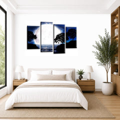LR Landscape Wall Art Picture – Blue, Black & White Floral Framed 4 Panel Split Canvas Print | Ready to Hang | Modern Wall Art for Living Room, Bedroom & Office