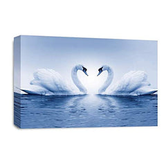 LR Love Heart Swans Wall Art Picture – Blue & White Framed Canvas Print | Ready to Hang | Modern Wall Art for Living Room, Bedroom & Office