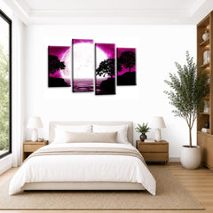 LR Landscape Wall Art Picture – Purple, Black & White Floral Framed 4 Panel Split Canvas Print | Ready to Hang | Modern Wall Art for Living Room, Bedroom & Office